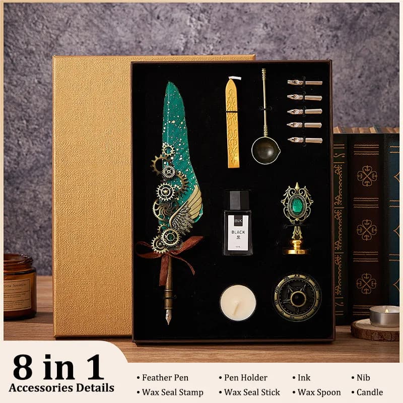 Antique Calligraphy feather pen set - 8 pcs